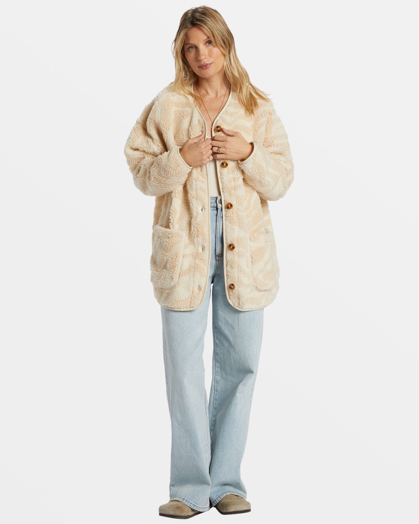 Fireside Cozy Buttoned Fleece Jacket - White Cap