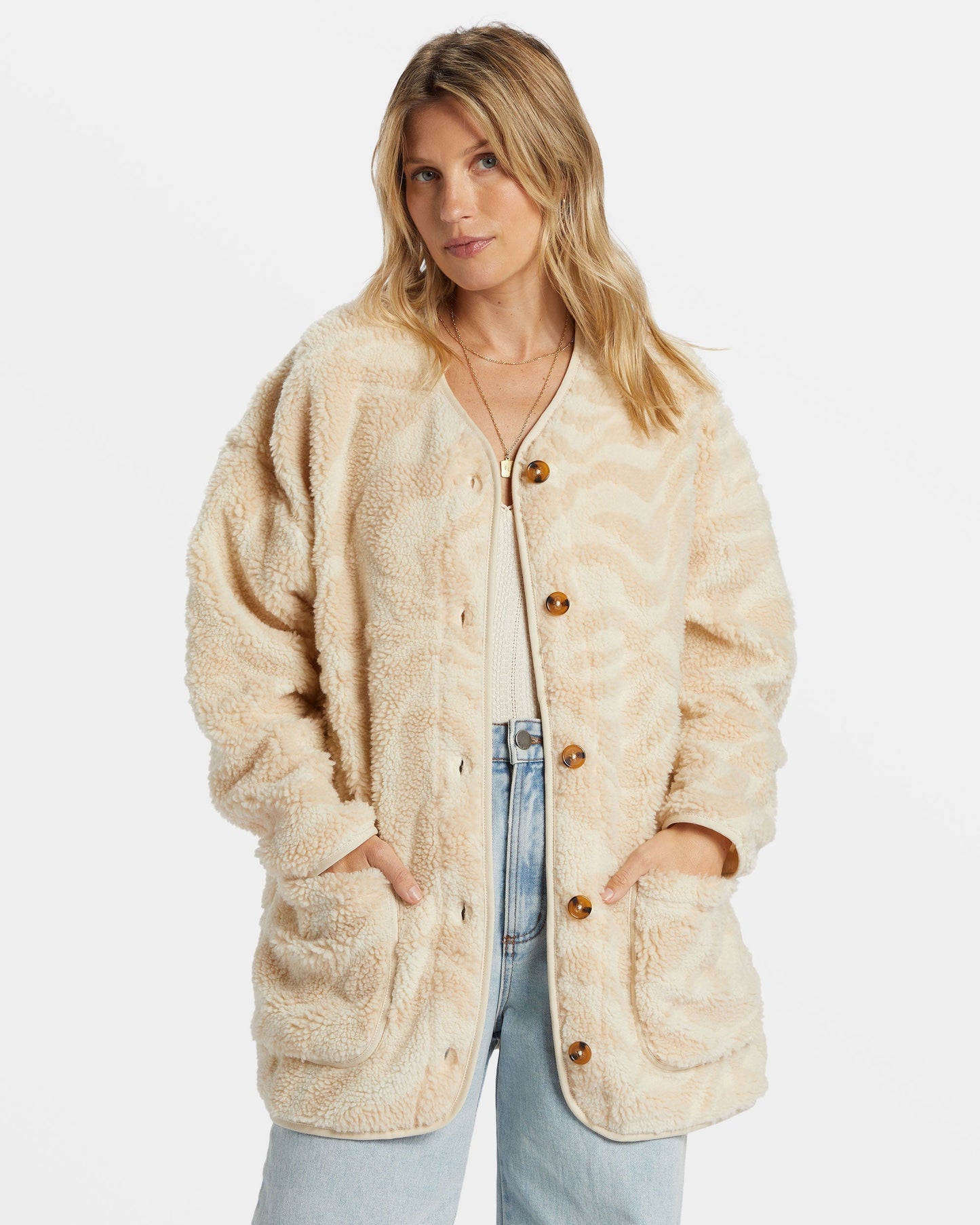 Fireside Cozy Buttoned Fleece Jacket - White Cap