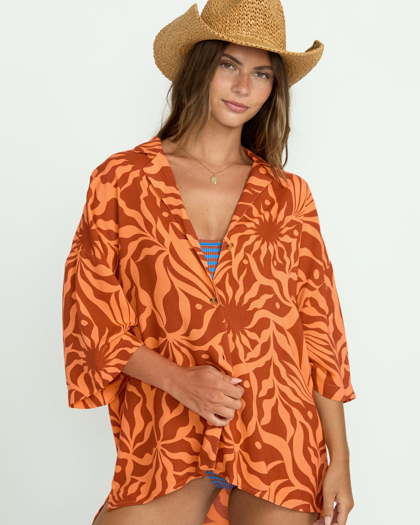 Beach Side Printed Short Sleeve Shirt - Orange Squeeze