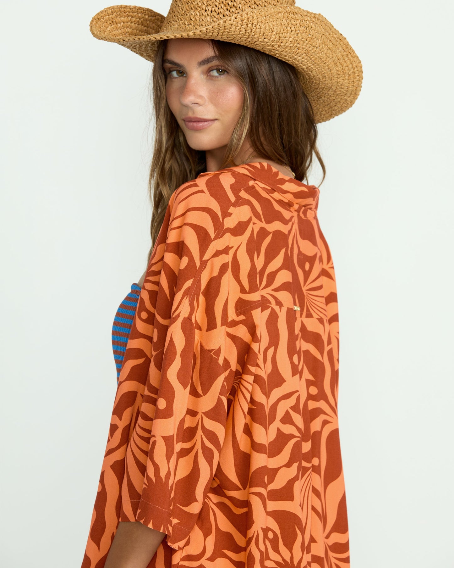 Beach Side Printed Short Sleeve Shirt - Orange Squeeze