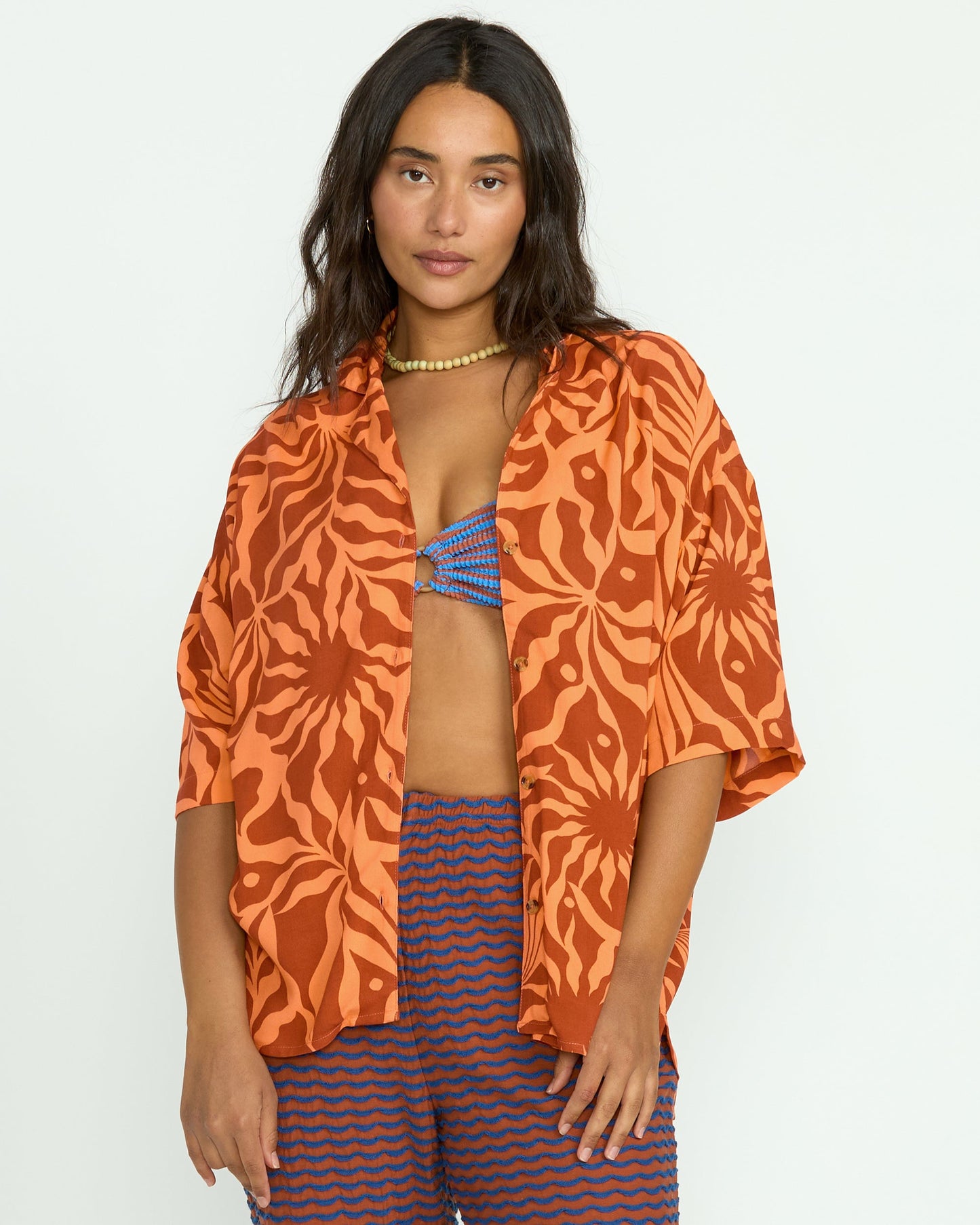 Beach Side Printed Short Sleeve Shirt - Orange Squeeze