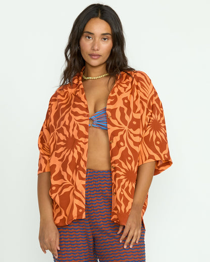 Beach Side Printed Short Sleeve Shirt - Orange Squeeze