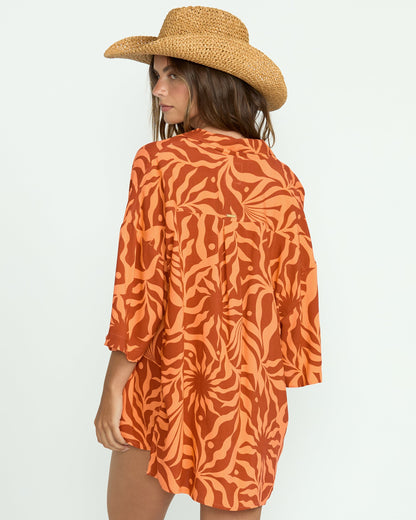 Beach Side Printed Short Sleeve Shirt - Orange Squeeze