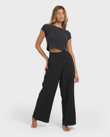 New Waves Gauze Elastic Waist Pants - Black Sands