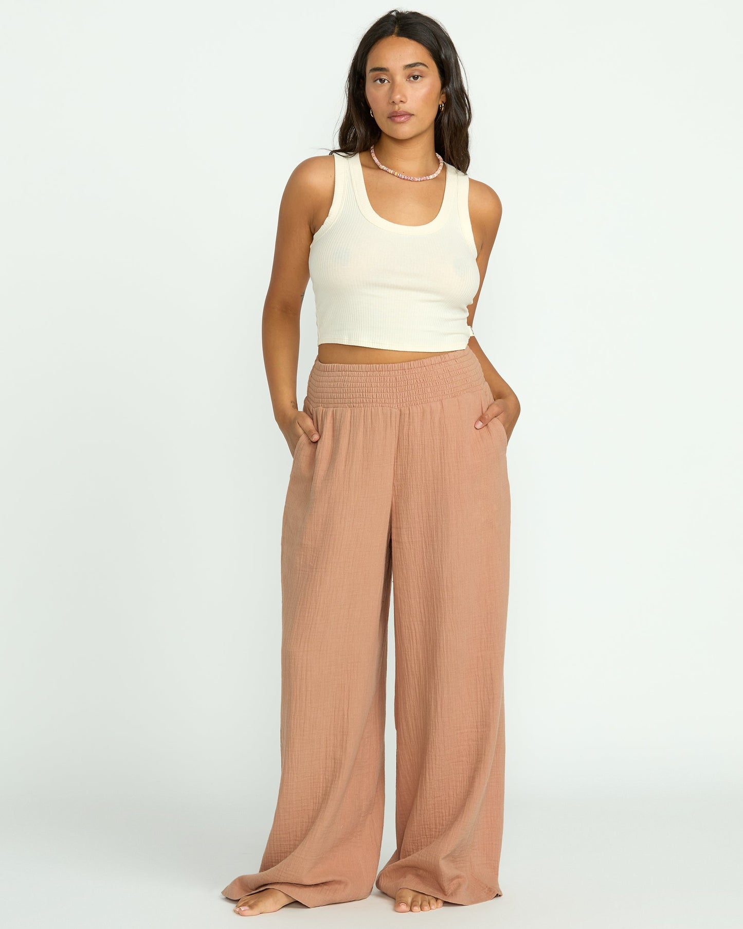 New Waves Gauze Elastic Waist Pants - Rose Brown