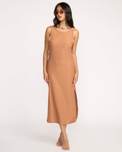 Eyelet Sun Midi Dress Beach Coverup - Rose Brown